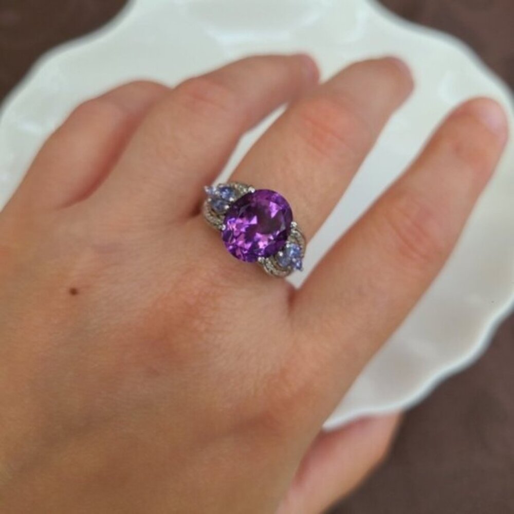 Vintage Boho Chunky Sterling Silver Purple Amethyst Tanzanite Oval Crystal Ring - Picture 3 of 8